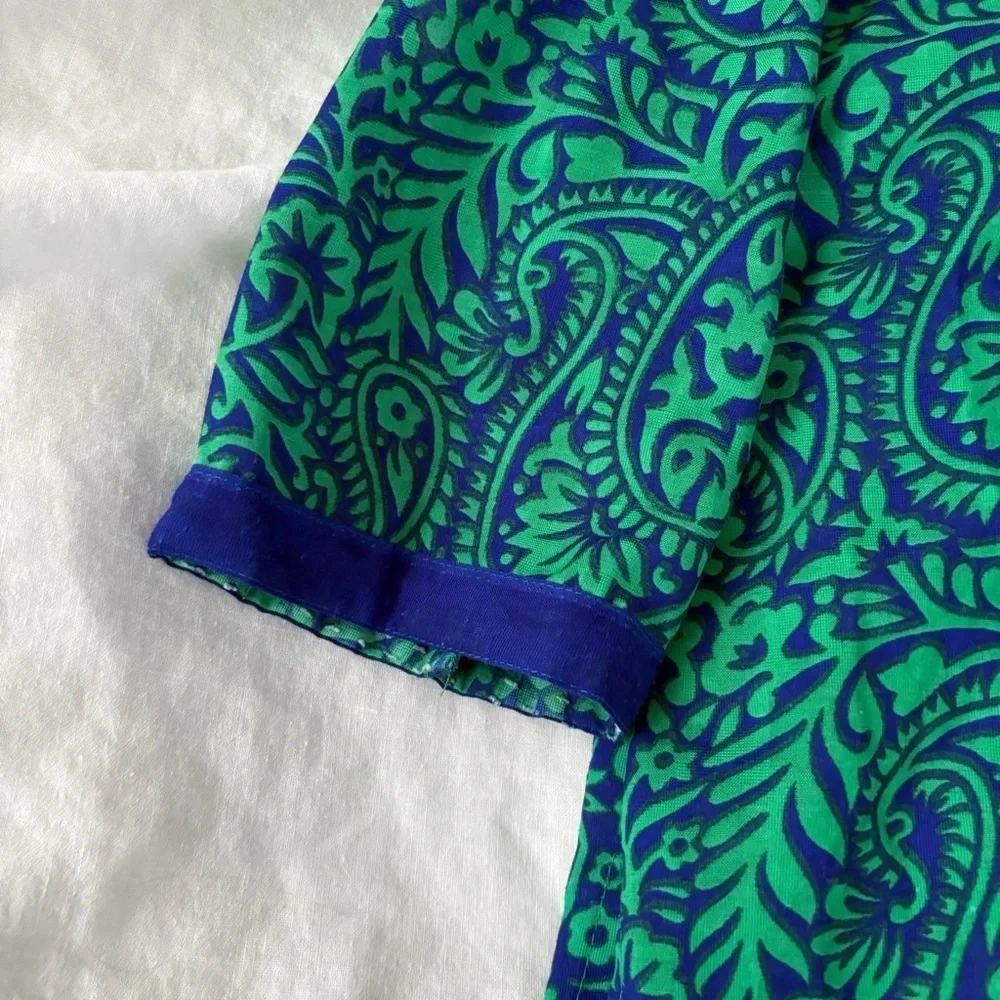 Green Blue Tunic Mini Shift Dress Large 3/4 sleeves boho chic paisley v neck - Picture 3 of 5